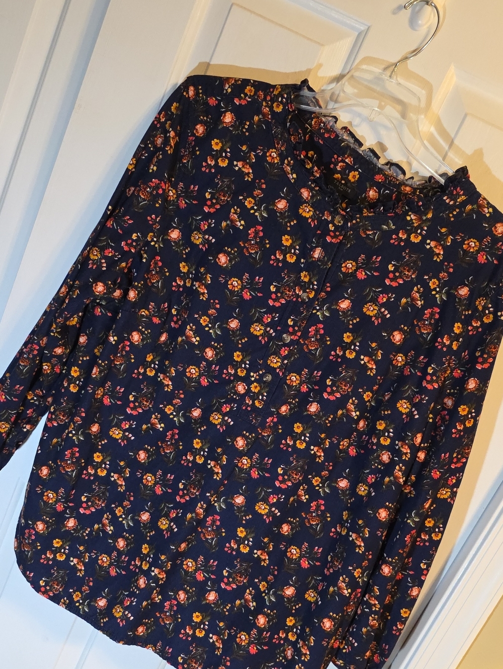 Talbots Navy Floral  Corduroy Long Sleeve Blouse Tunic